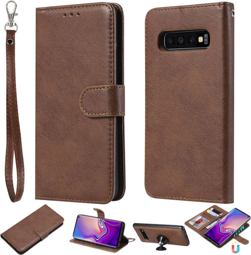 Galaxy s10 Skinnetui Med Deksel Og Bæresnor - Brun