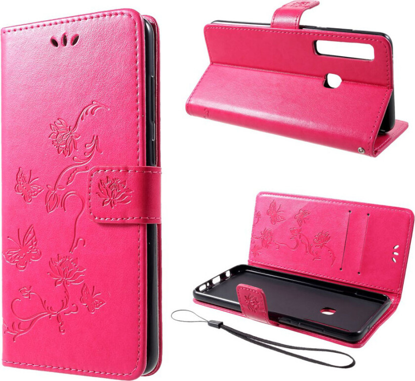 Galaxy A9 beskyttelses deksel av syntetisk skinn med sommerfugl og blomst avtrykk - rose