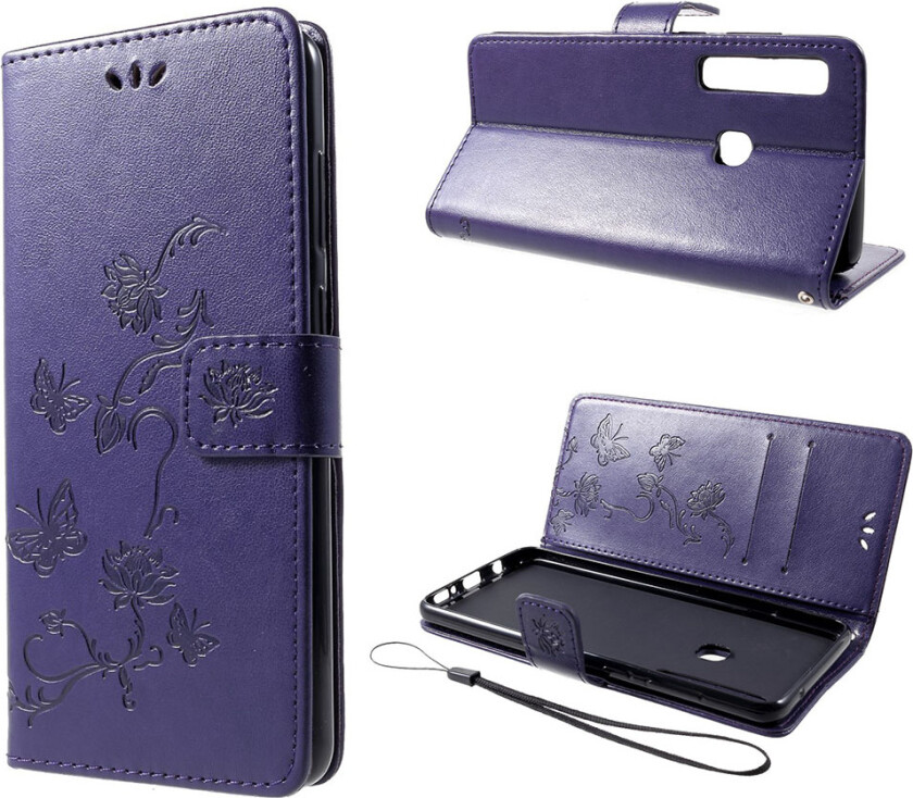 Galaxy A9 beskyttelses deksel av syntetisk skinn med sommerfugl og blomst avtrykk - mørke lilla