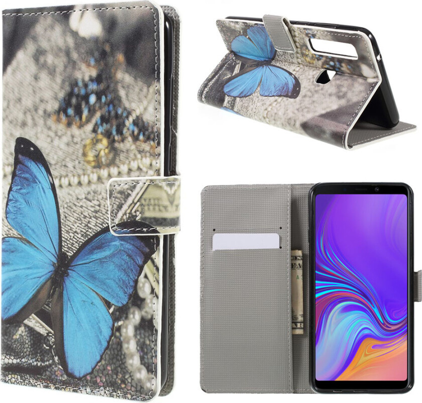 Galaxy A9 beskyttelses deksel av syntetisk skinn med printet mønster - blå sommerfugl
