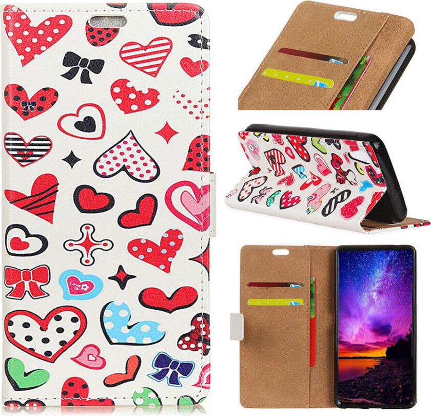 Galaxy A9 beskyttelses deksel av syntetisk skinn med printet mønster - fargefulle hjerter