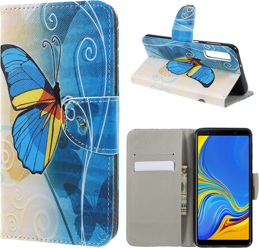 Galaxy A7 beskyttelses deksel av syntetisk skinn med printet mønster og kryss tekstur - blå sommerfugl