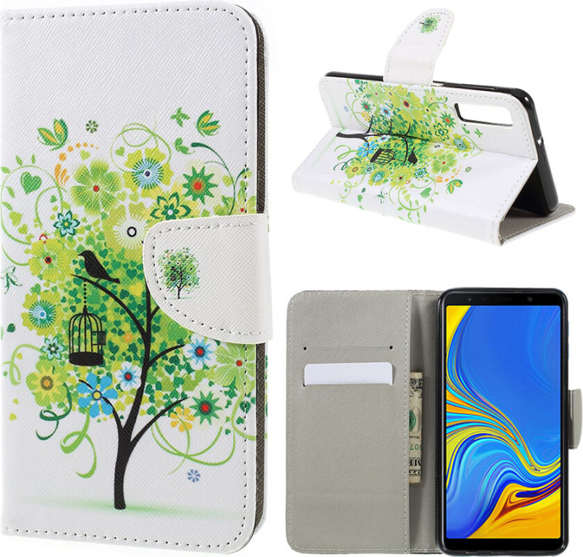 Galaxy A7 beskyttelses deksel av syntetisk skinn med printet mønster og kryss tekstur - grønnt tre