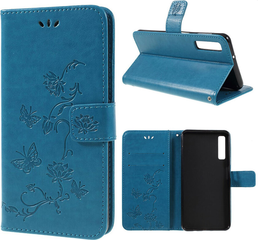 Galaxy A7 beskyttelses deksel av syntetisk skinn med sommerfugl og blomst avtrykk - blå