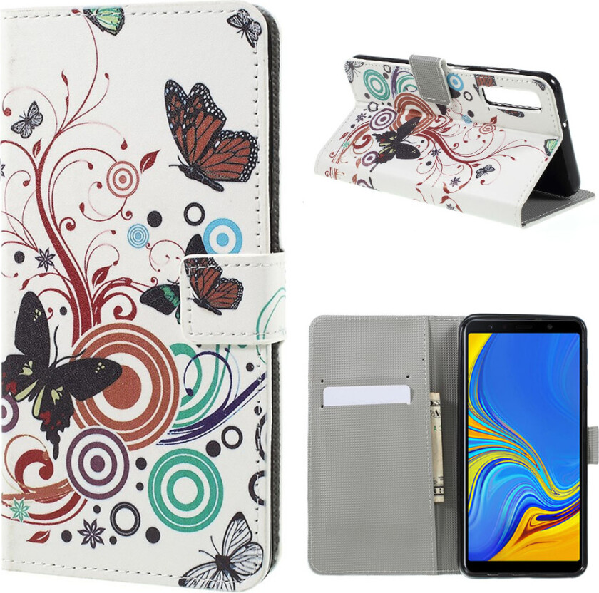 Galaxy A7 beskyttelses deksel av syntetisk skinn med printet mønster - sommerfugl og sirkler