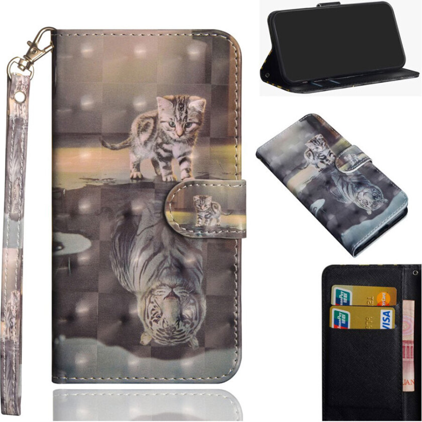 Galaxy A7 beskyttelses deksel av syntetisk skinn med printet mønster og lyse flekker dekor - katt og refleksjon i vann