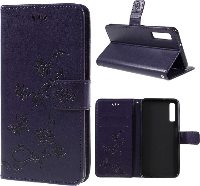 Galaxy A7 beskyttelses deksel av syntetisk skinn med sommerfugl og blomst avtrykk - mørke lilla
