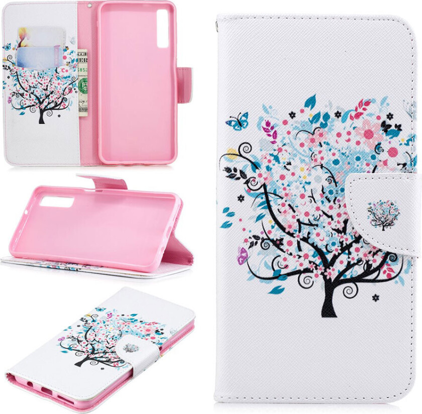 Galaxy A7 beskyttelses deksel av syntetisk skinn med printet mønster - blomstrende tre