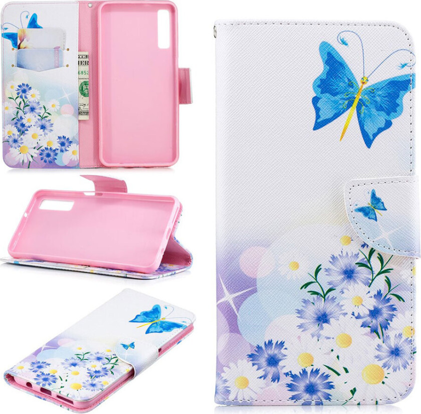 Galaxy A7 beskyttelses deksel av syntetisk skinn med printet mønster - blå sommerfugl