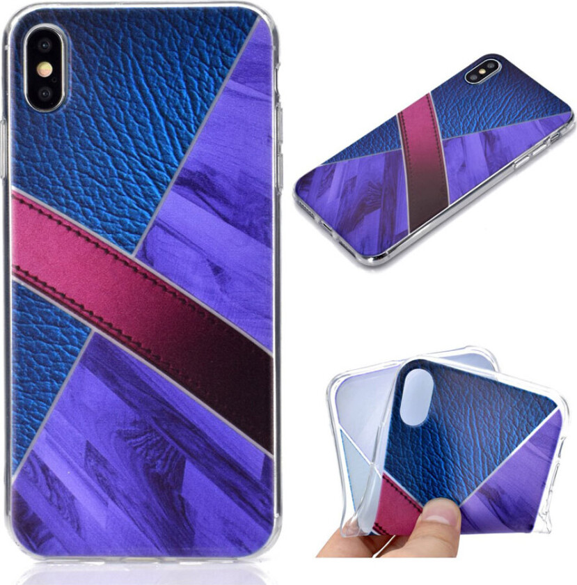 iPhone XS beskyttelses deksel av TPU med delt design av marmor og skinn tekstur - mørke blå