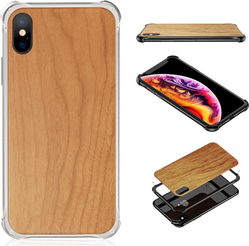 iPhone XS beskyttelses deksel av legert aluminium og ekte tre - sølv og kirsebærtre