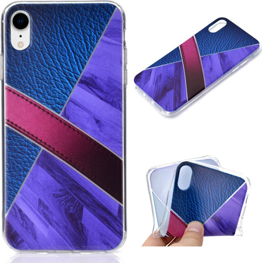 iPhone Xr beskyttelses deksel av TPU med delt design av marmor og skinn tekstur - mørke blå