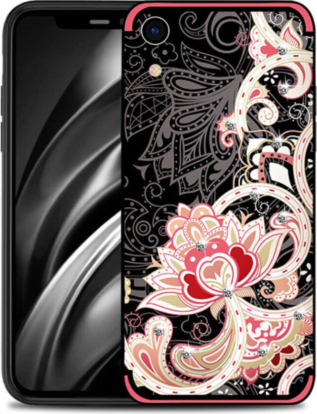 NXE iPhone Xr beskyttelses deksel av TPU med printet blomster mønster og bergkrystall dekor - rød