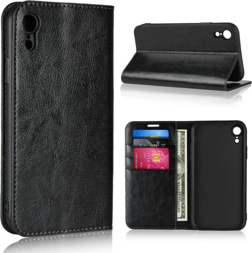 iPhone Xr beskyttelses deksel av ekte skinn med vill hest tekstur - svart