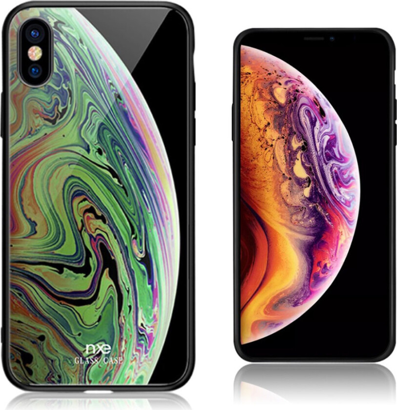 NXE iPhone Xs Max beskyttelses deksel av herdet glass og TPU med printet planet mønster - grønn