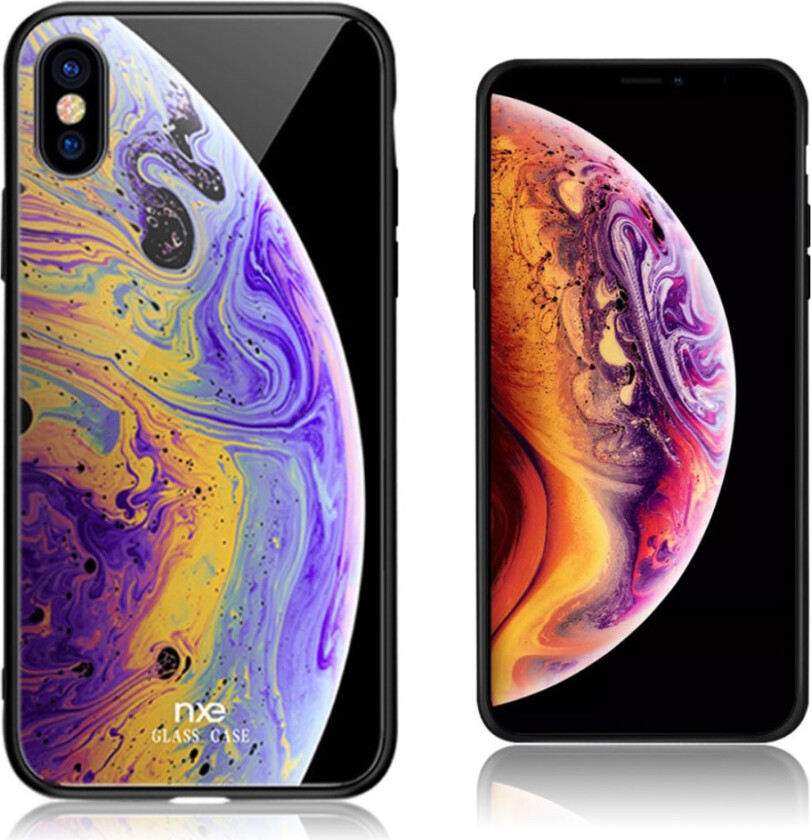 NXE iPhone Xs Max beskyttelses deksel av herdet glass og TPU med printet planet mønster - lilla og gul