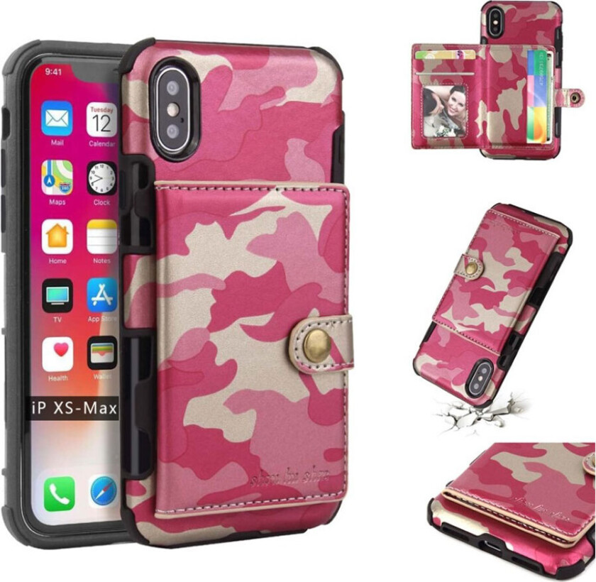 SHOUHUSHEN iPhone Xs Max beskyttelses deksel av plastikk dekt i syntetisk skinn med kamuflasje design - rose
