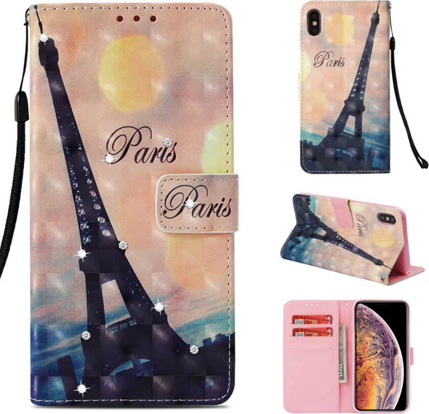 iPhone Xs Max beskyttelses deksel av syntetisk skinn med printet mønster og bergkrystall dekor - eiffel tårn