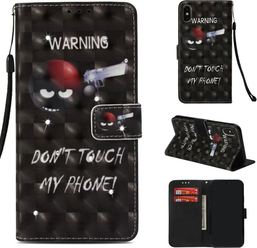 iPhone Xs Max beskyttelses deksel av syntetisk skinn med printet mønster og bergkrystall dekor - advarsels ord