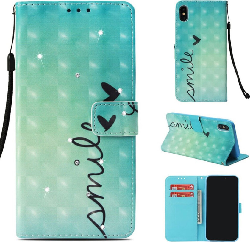 iPhone Xs Max beskyttelses deksel av syntetisk skinn med printet mønster og berg krystall dekor - smil