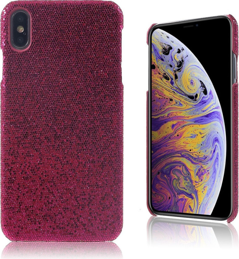 iPhone Xs Max beskyttelses deksel av plastikk dekt i syntetisk skinn - rose glitter paljetter