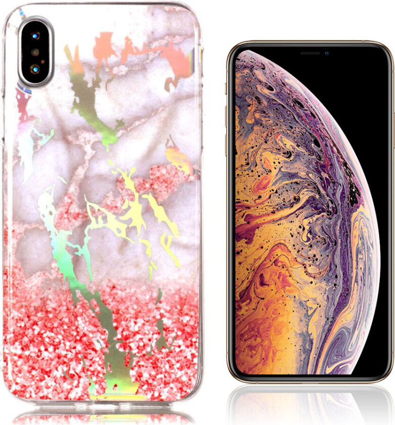 iPhone Xs Max beskyttelses deksel av TPU med laser utskjært marmor mønster - grå og rosa