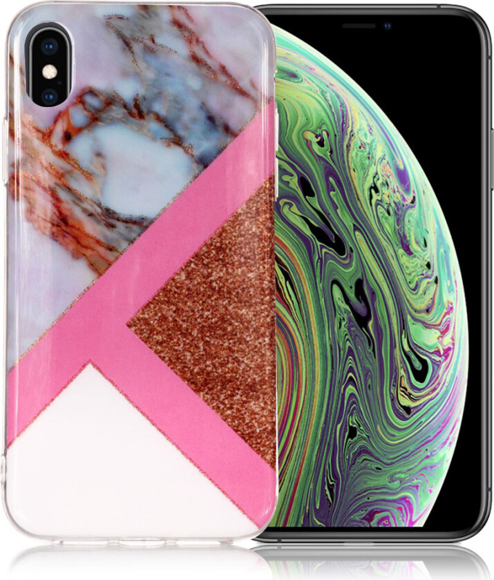 iPhone XS beskyttelses deksel av TPU med IMD printet marmor mønster og glitter pulver - grå rosa og hvit