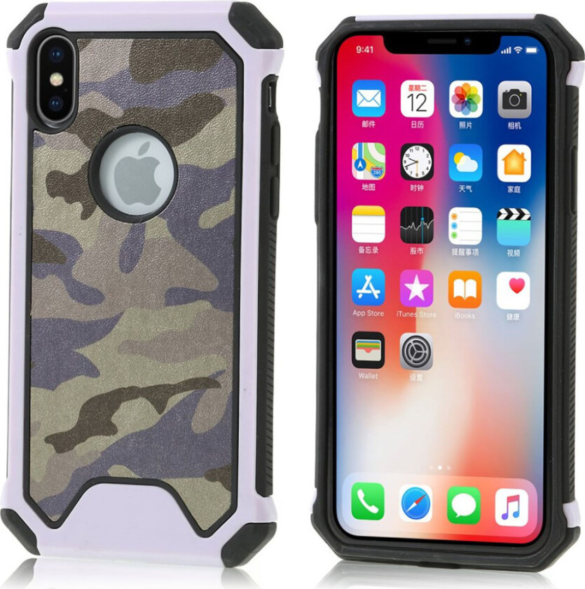 iPhone XS beskyttelses deksel av hybrid materiale med kamuflasje stil - lilla