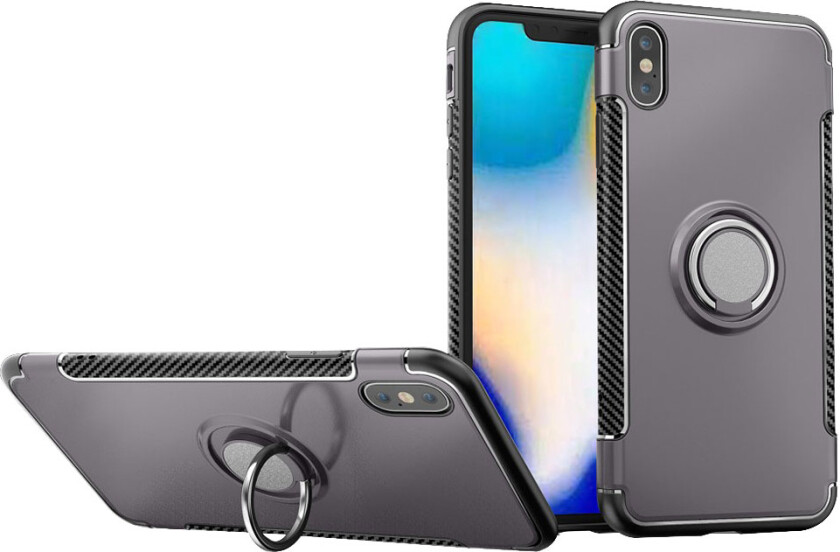 iPhone Xs Max beskyttelses deksel av plastikk og TPU med karbon fiber tekstur - grå