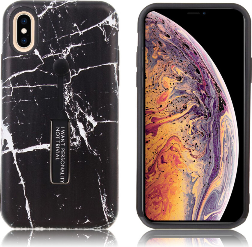 iPhone Xs Max beskyttelses deksel av plastikk og TPU med hevet marmor printet mønster - svart