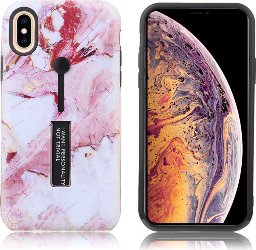 iPhone Xs Max beskyttelses deksel av plastikk og TPU med hevet marmor printet mønster - rosa og hvit