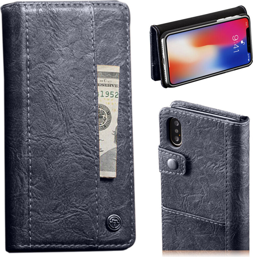 CASEME iPhone Xs Max beskyttelses deksel av syntetisk skinn med vintage stil - blå