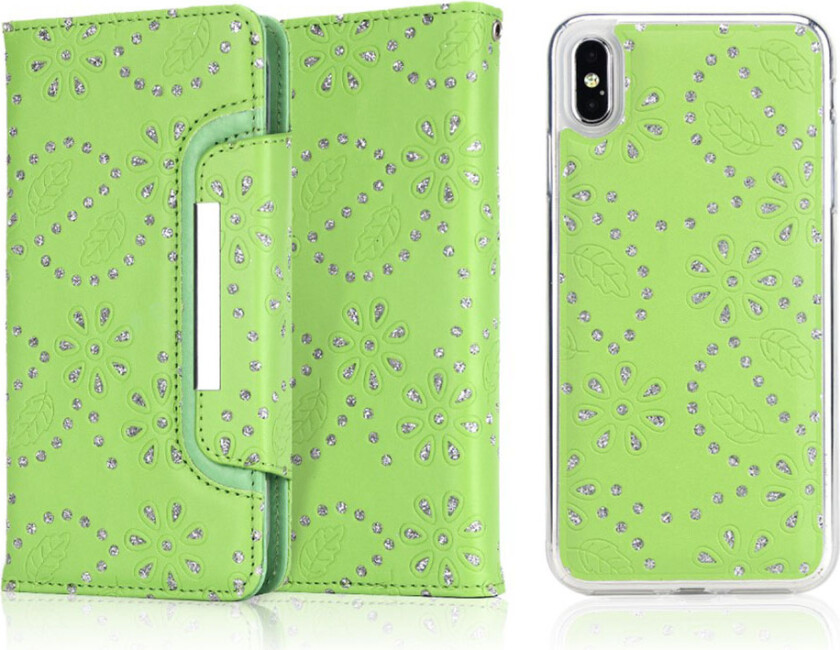 iPhone Xs Max beskyttelses deksel av syntetisk skinn med glittrende blad avtrykk og 2 i 1 design - grønn
