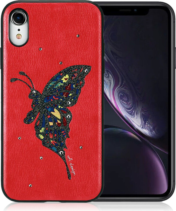WK iPhone Xr beskyttelses deksel av hybrid materiale med hevet sommerfugl motiv og diamant dekor - rød