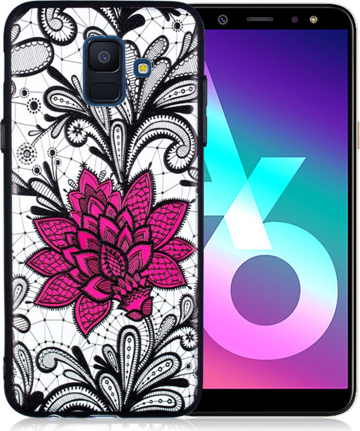 Galaxy A6 beskyttelses deksel av plastikk og TPU med hevet blomster mønster - stor rød blomst