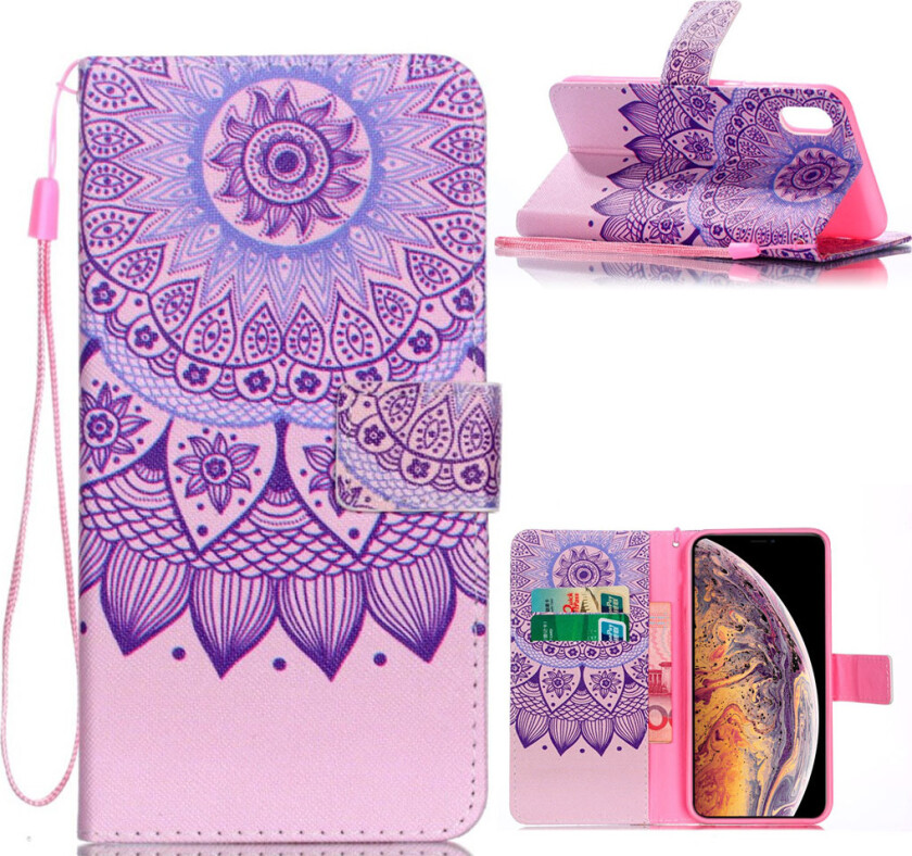 iPhone Xs Max beskyttelses deksel av syntetisk skinn med printet mønster - mandala blomst