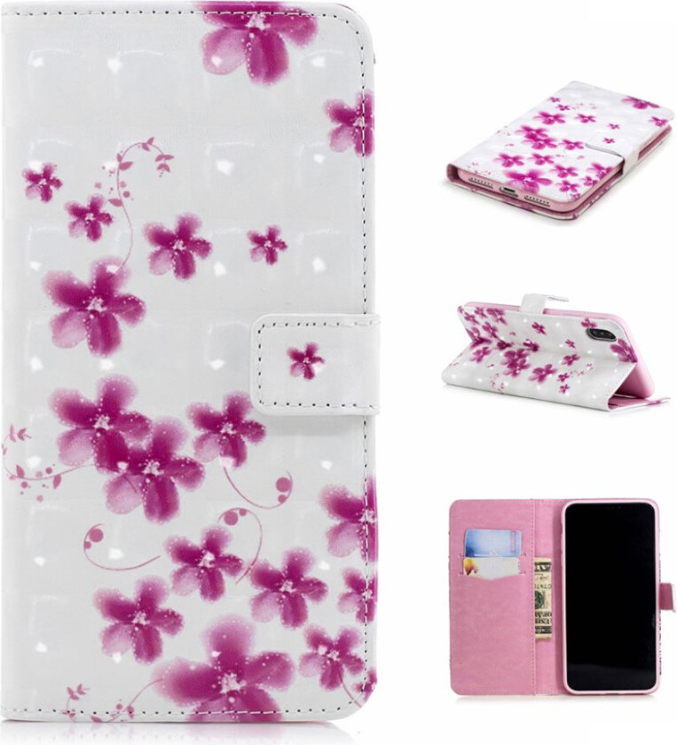 iPhone Xs Max beskyttelses deksel av syntetisk skinn med printet mønster og lyse flekker dekor - blomster
