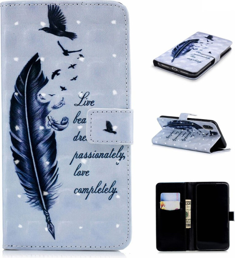 iPhone Xs Max beskyttelses deksel av syntetisk skinn med printet mønster og lyse flekker dekor - fjær med ord