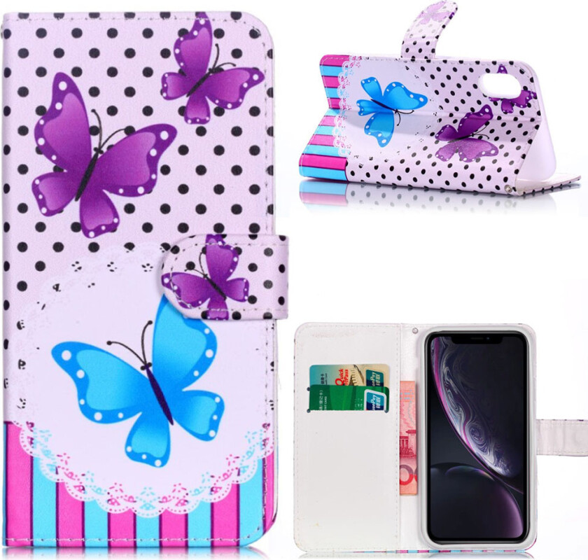 iPhone Xr beskyttelses deksel av syntetisk skinn med printet mønster - sommerfugler og polka dotter