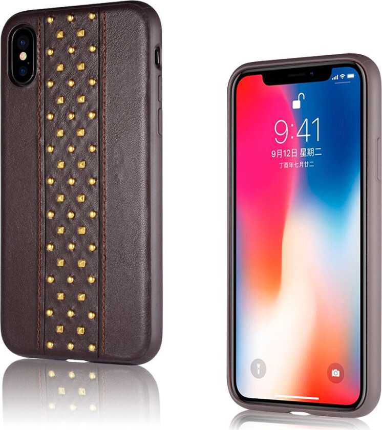 SULADA iPhone X beskyttelses deksel av TPU dekt i syntetisk skinn med nagle dekor - brun