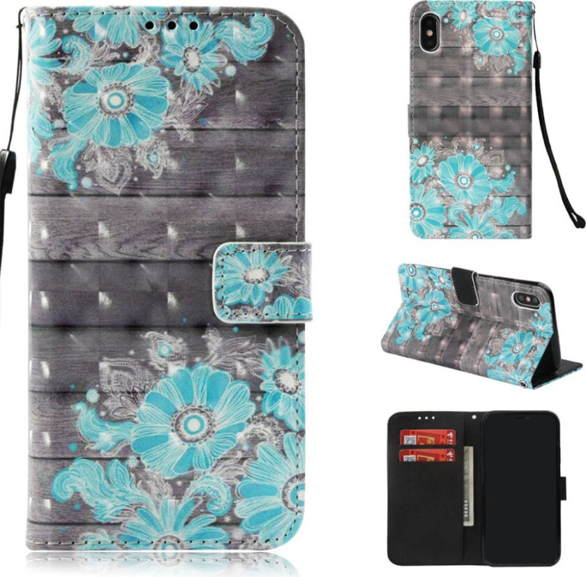 iPhone Xs Max beskyttelses deksel av syntetisk skinn med printet mønster og lyse flekker dekor - blå blomster