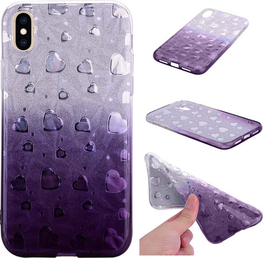 iPhone Xs Max beskyttelses deksel av TPU med 3D diamant tekstur og kjærlighets hjerter design - mørke lilla