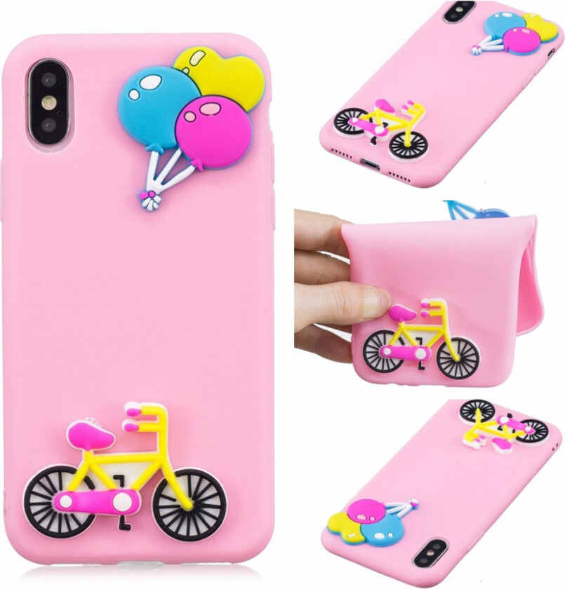 iPhone 9 Plus beskyttelses deksel av TPU med 3D tegneserie mønster - rosa bakgrunn med sykkel mønster