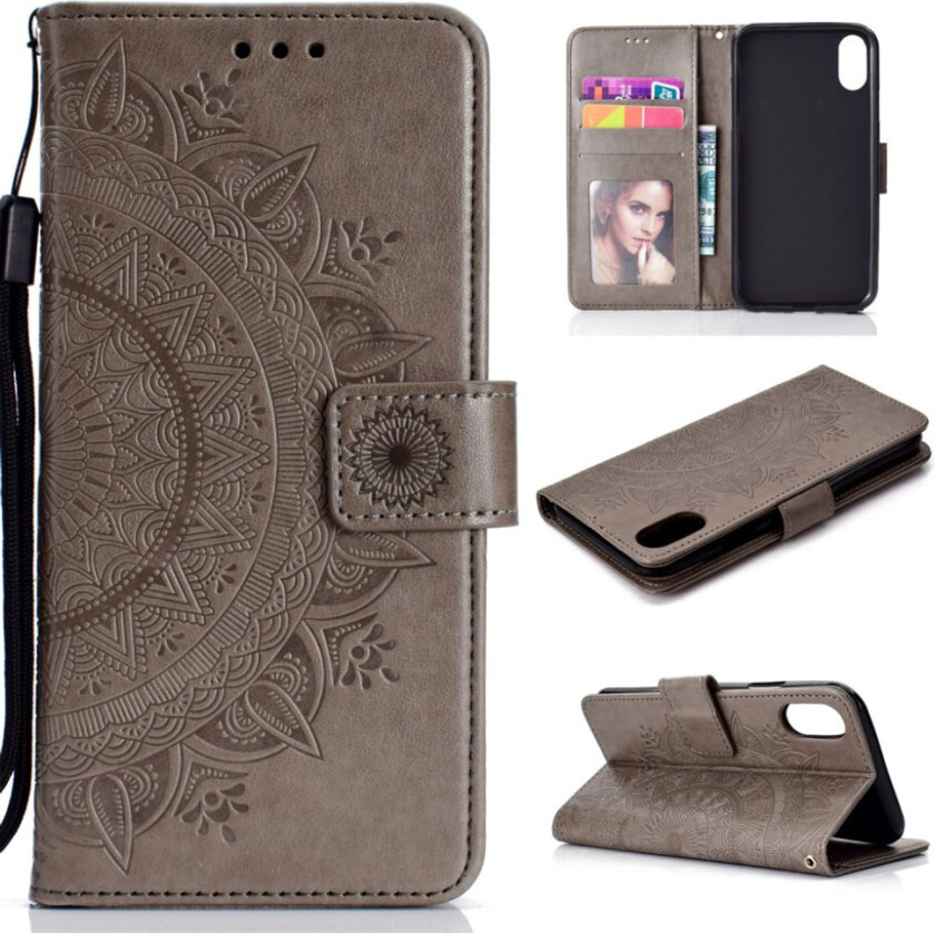 iPhone 9 Plus beskyttelses deksel av syntetisk skinn med mandala avtrykk - grå