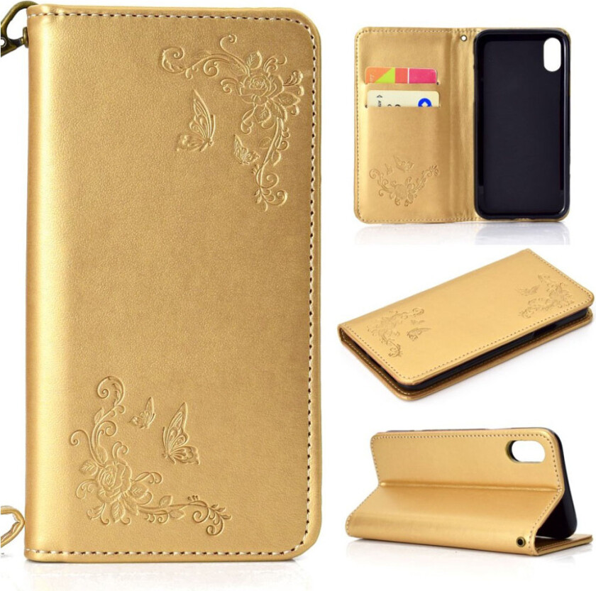 iPhone 9 Plus beskyttelses deksel av syntetisk skinn med blomster avtrykk - gull