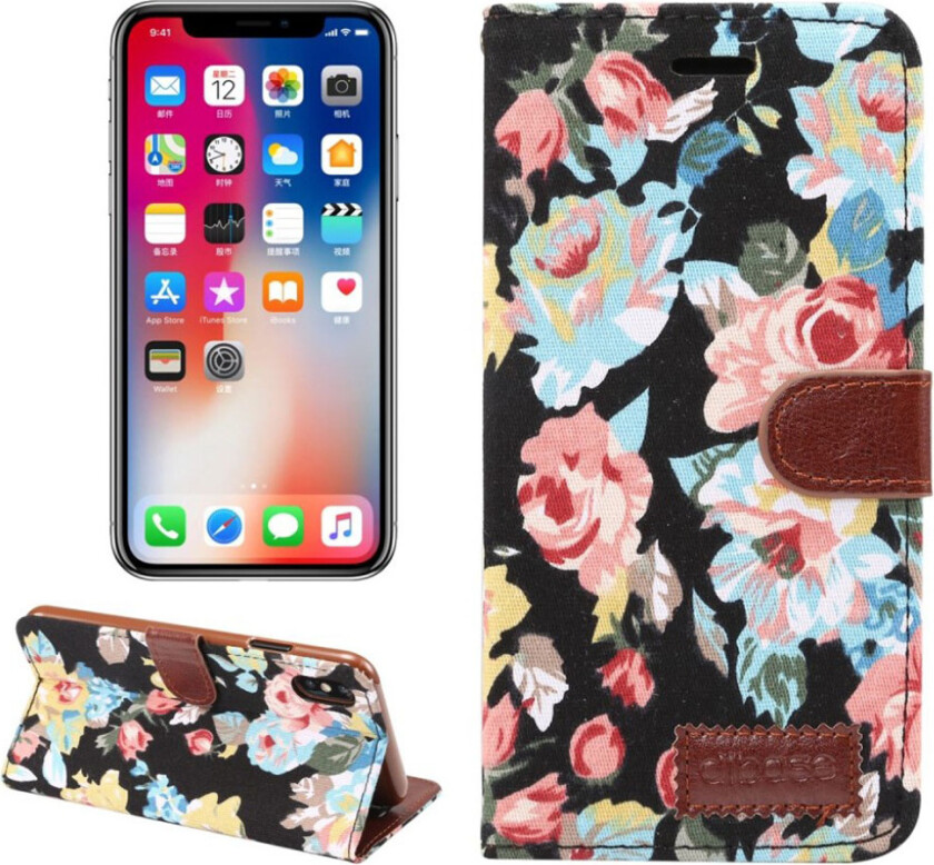 iPhone 9 Plus beskyttelses deksel av syntetisk skinn med blomster design og tekstil tekstur- svart