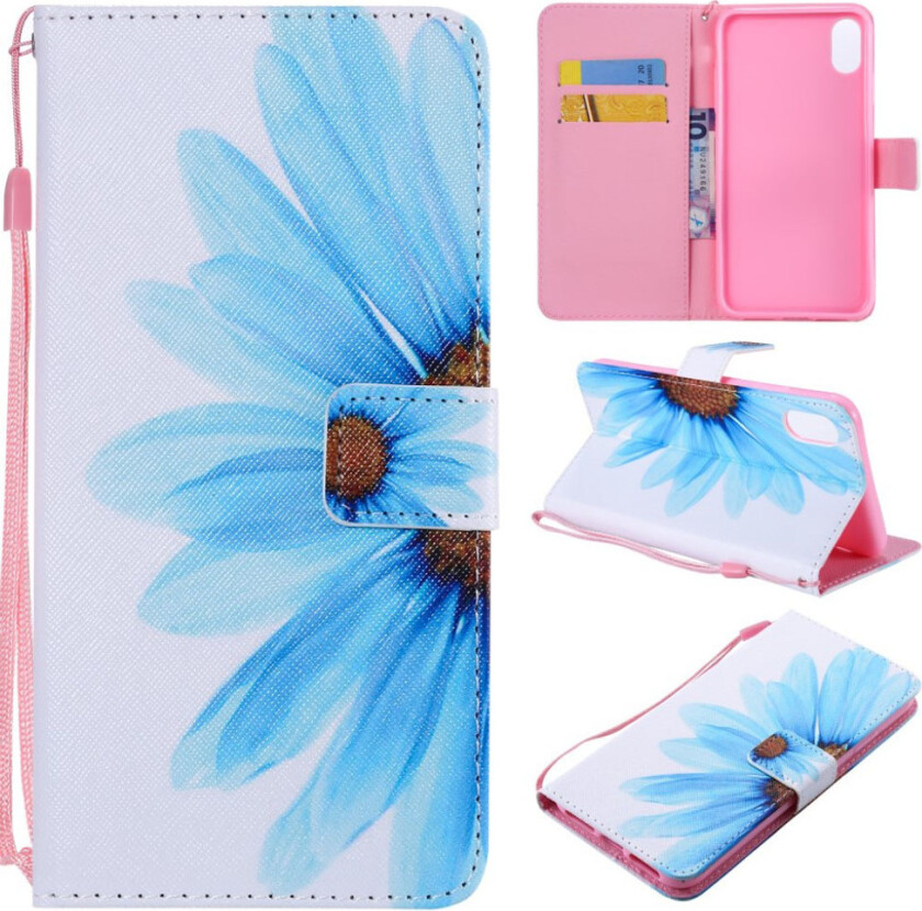 iPhone 9 Plus beskyttelses deksel av syntetisk skinn med printent mønster og lyse flekker dekor - blå blomst