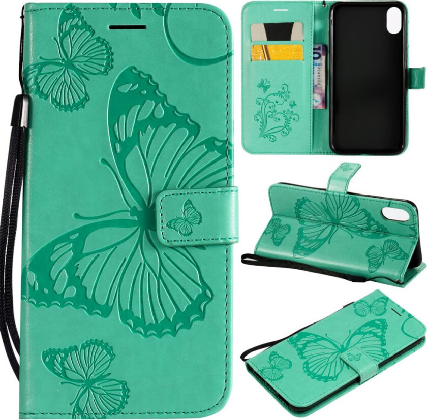 iPhone 9 Plus beskyttelses deksel av syntetisk skinn med sommerfugl avtrykk - grønn