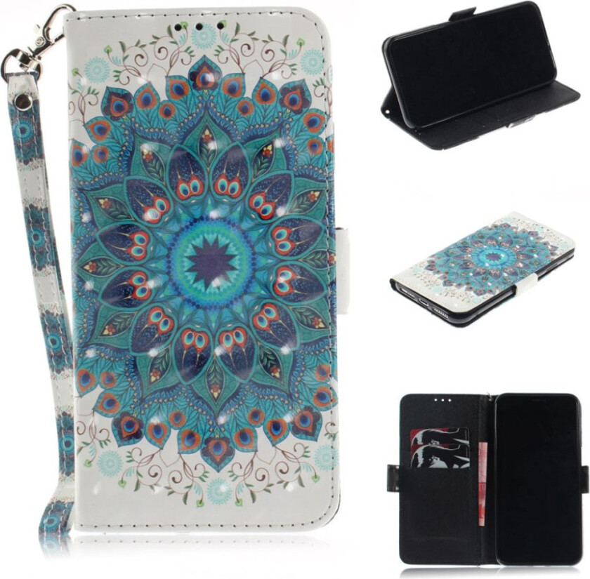 iPhone 9 Plus beskyttelses deksel av syntetisk skinn med printet mønster og lyse flekker dekor - blå mandala