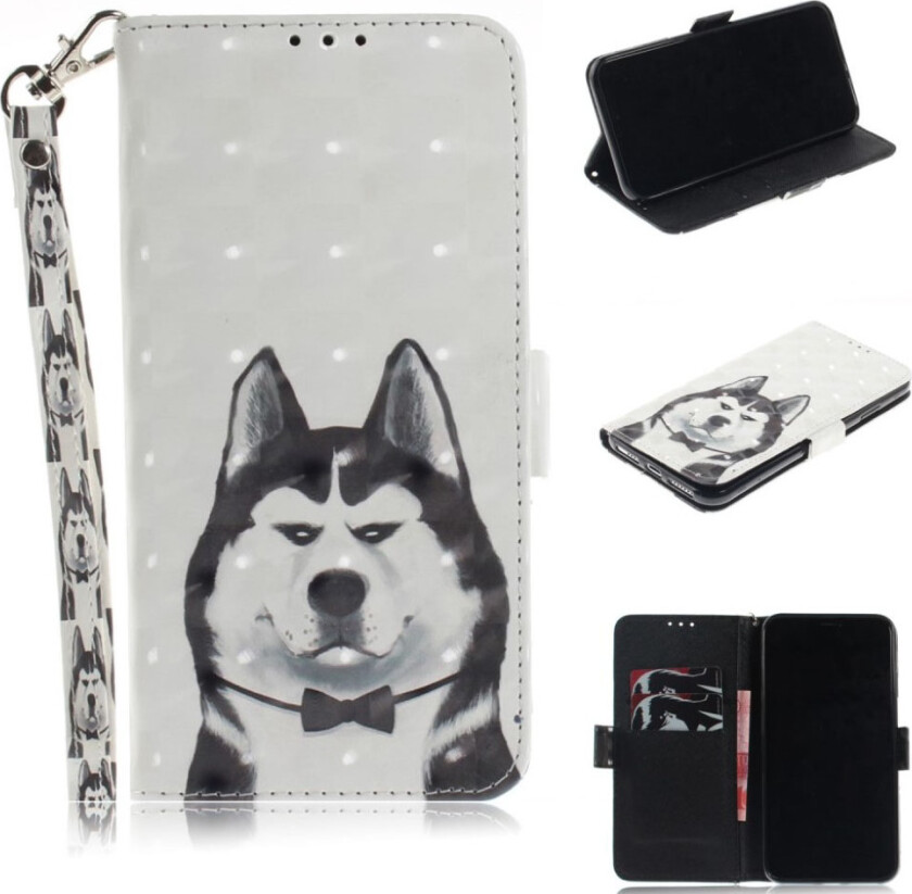 iPhone 9 Plus beskyttelses deksel av syntetisk skinn med printet mønster og lyse flekker dekor - hund